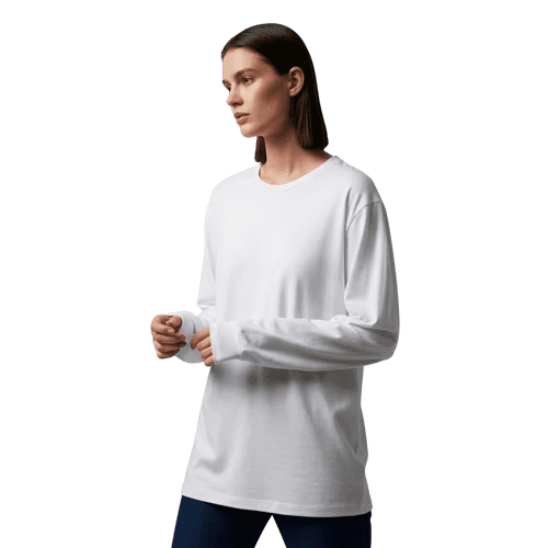 Angled long-sleeve t-shirt mockup on female model