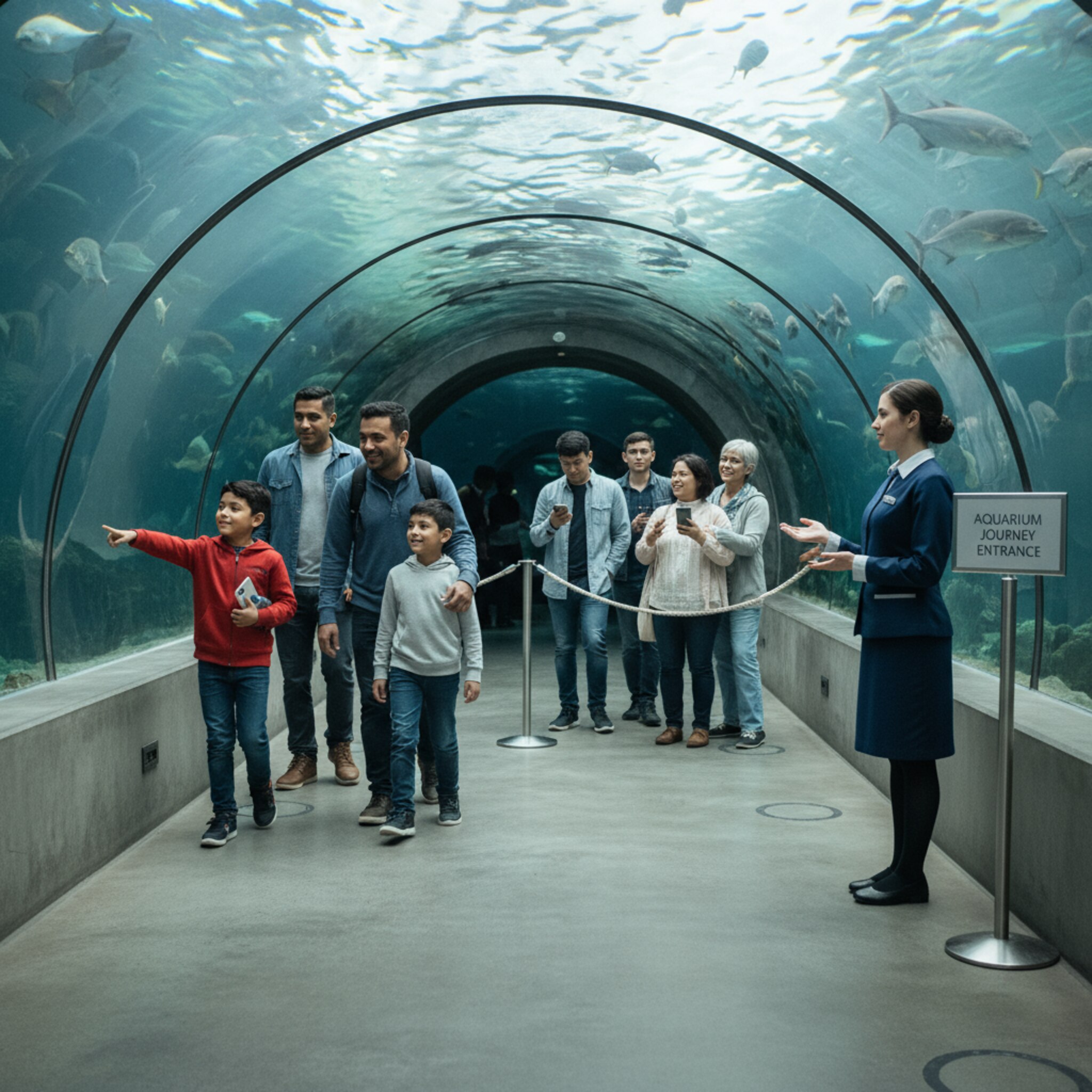 Vor einem Aquarium-Tunnel warten Besucher in kleinen, klar abgegrenzten Gruppen. Ein Mitarbeiter gibt dezent Zeichen für den Einlass, die nächste Gruppe stellt sich bereits bereit. Sanftes Licht spiegelt auf dem Boden, Kinder zeigen auf die Fische. Die Szene wirkt geordnet, fließend und angenehm.