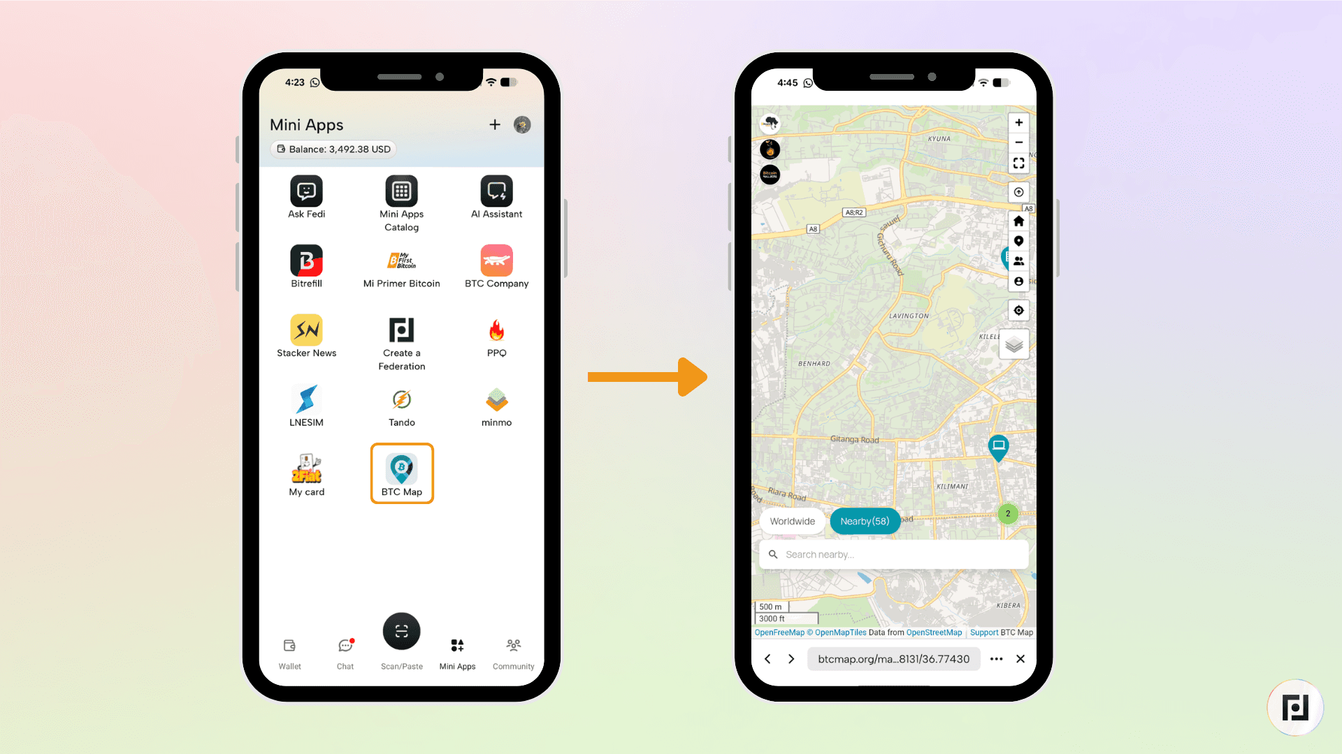 Fedi app showing BTC Map Mini App icon being tapped, with the map loading centered on the user's current location in Nairobi