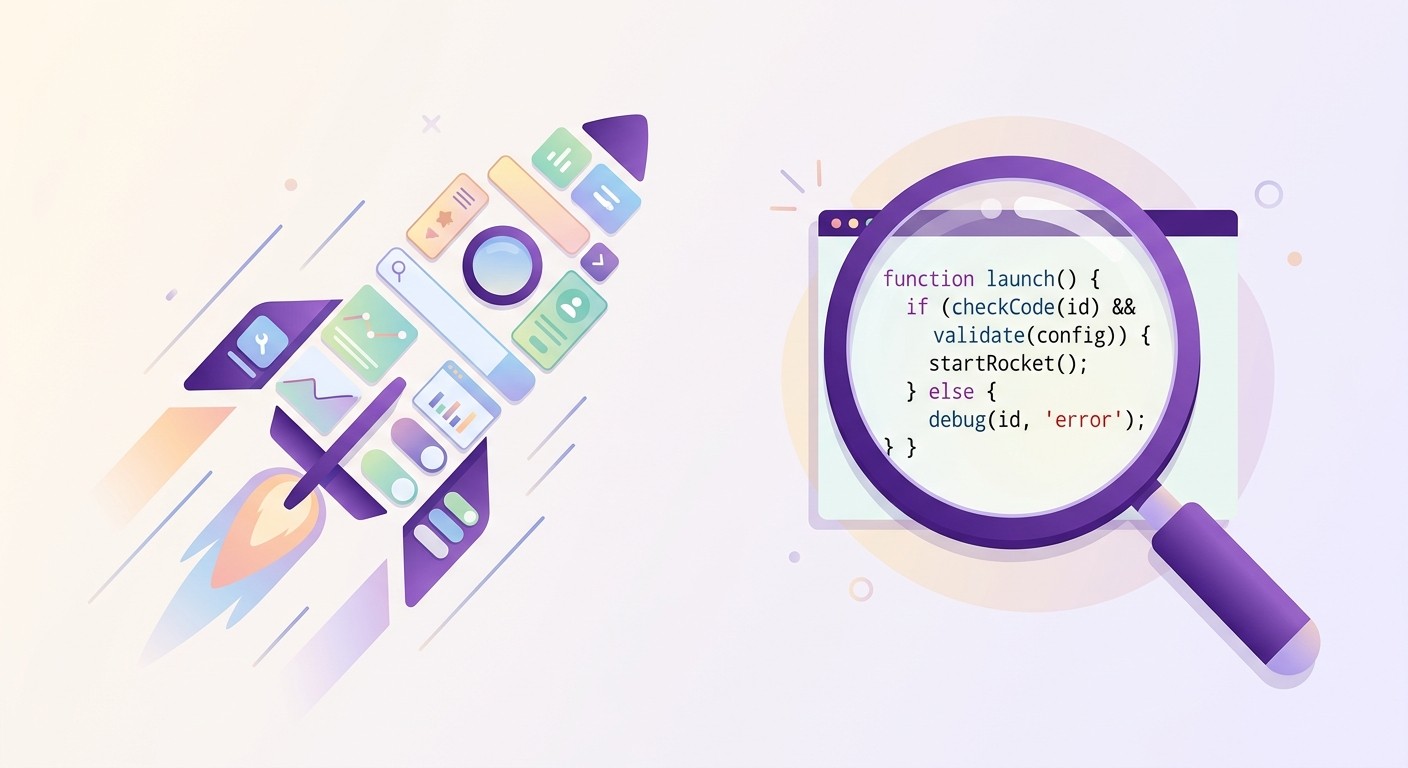 A rocket of app UI blocks and a magnifying glass over code, showing the speed and review trade-offs of AI app development.