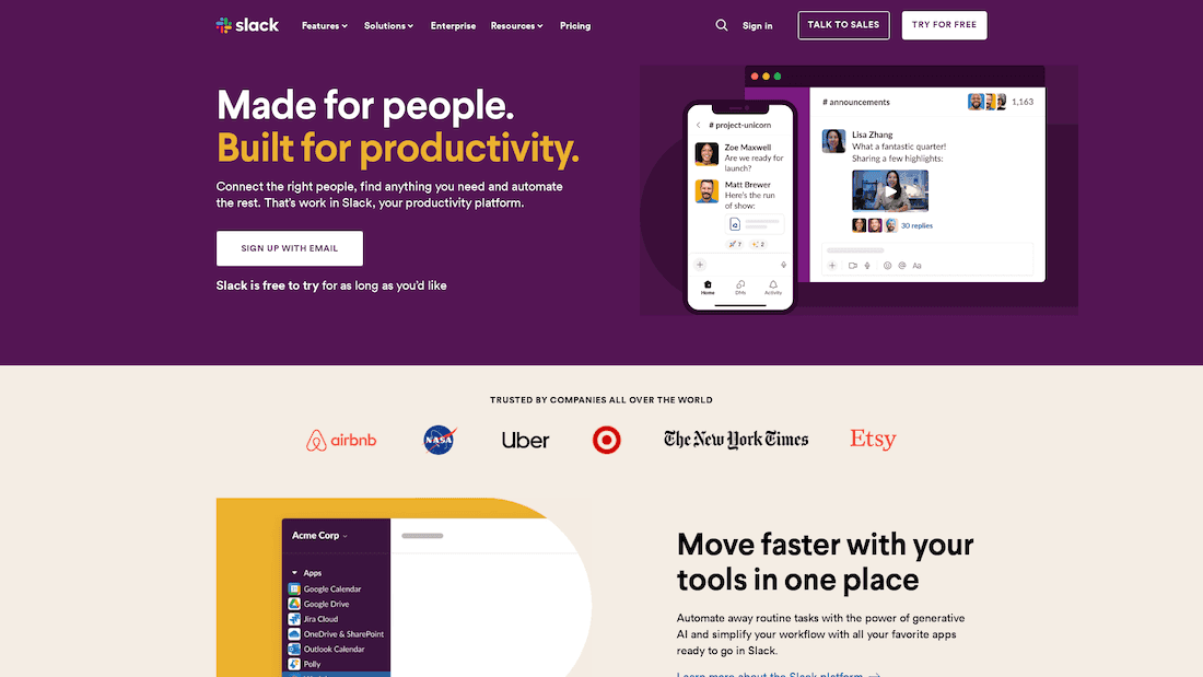 Slack’s landing page in a purple and beige background with images of phones and iPads highlighting productivity as its USP