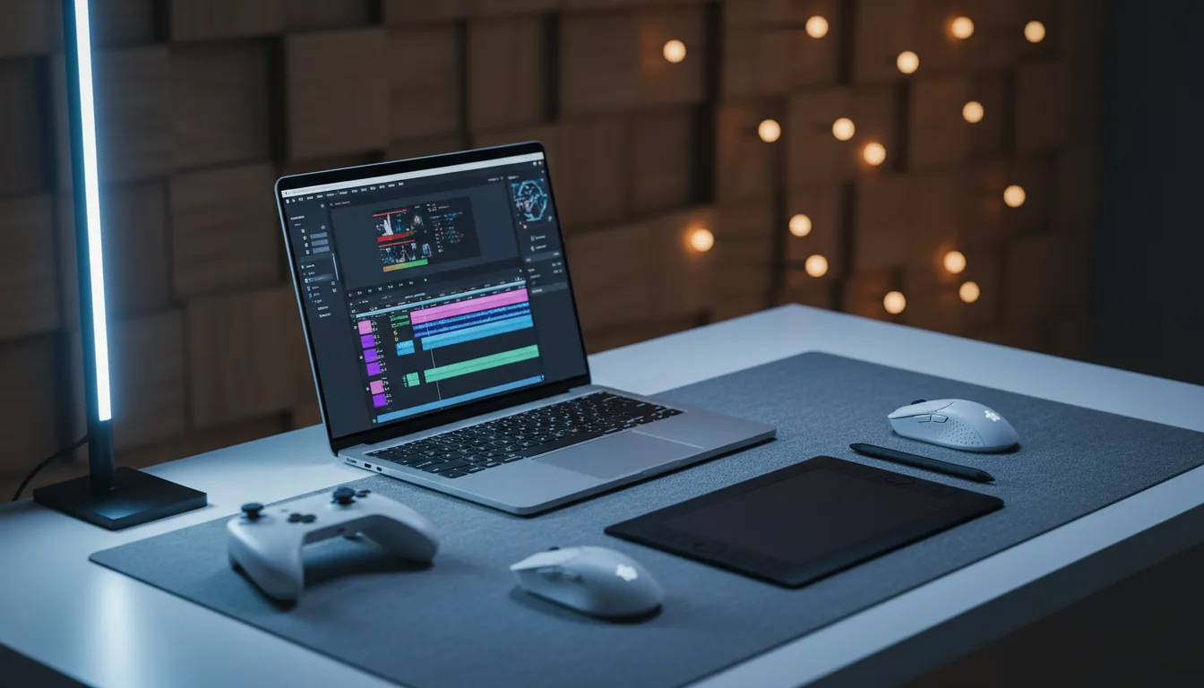 DSLR photograph of a modern creative workstation, angled view. A sleek silver laptop sits open on a white desk, its screen displaying a complex video editing software interface in dark mode with a detailed video timeline and abstracted UI elements. The entire scene is bathed in cinematic, cool blue ambient lighting from a vertical LED desk lamp. On a grey desk mat, a white wireless gaming mouse, a white gaming controller, and a black graphics tablet are neatly arranged. Shallow depth of field with a soft bokeh background showing a paneled wall.