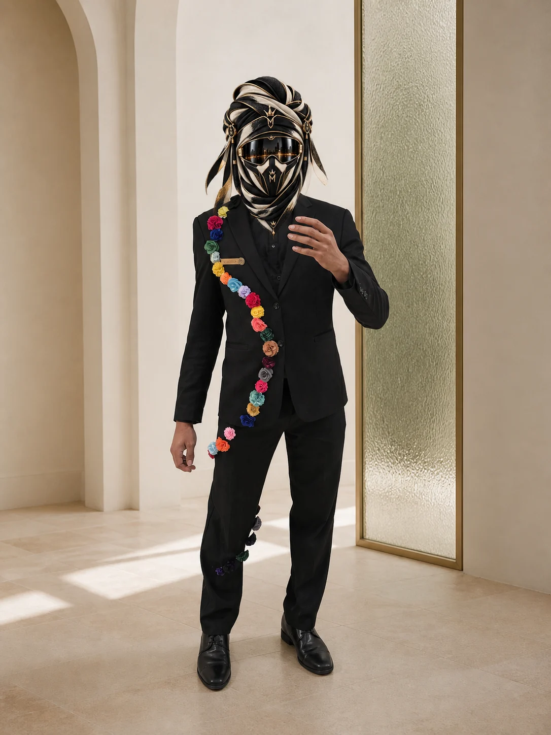Full-length view of The Flower Sash, a black formal suit crossed by a diagonal line of multicolored flowers, with the official Marzelest face covering.