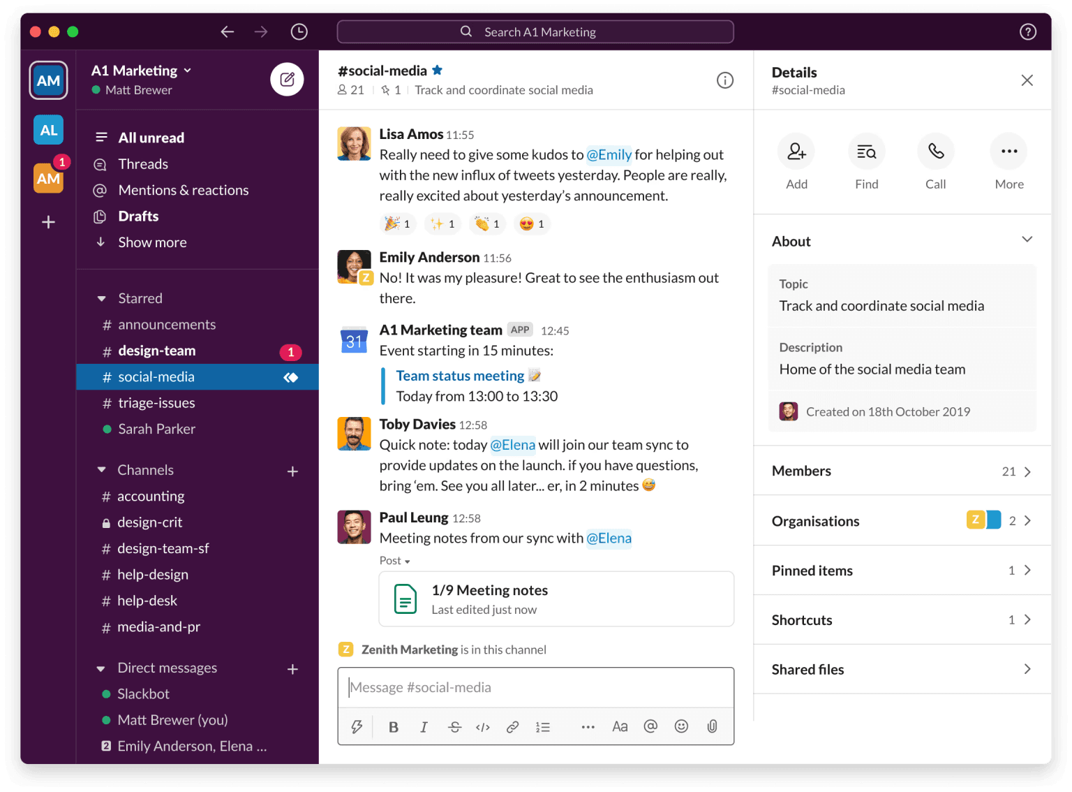 Chat with team members through instant messaging in Slack.