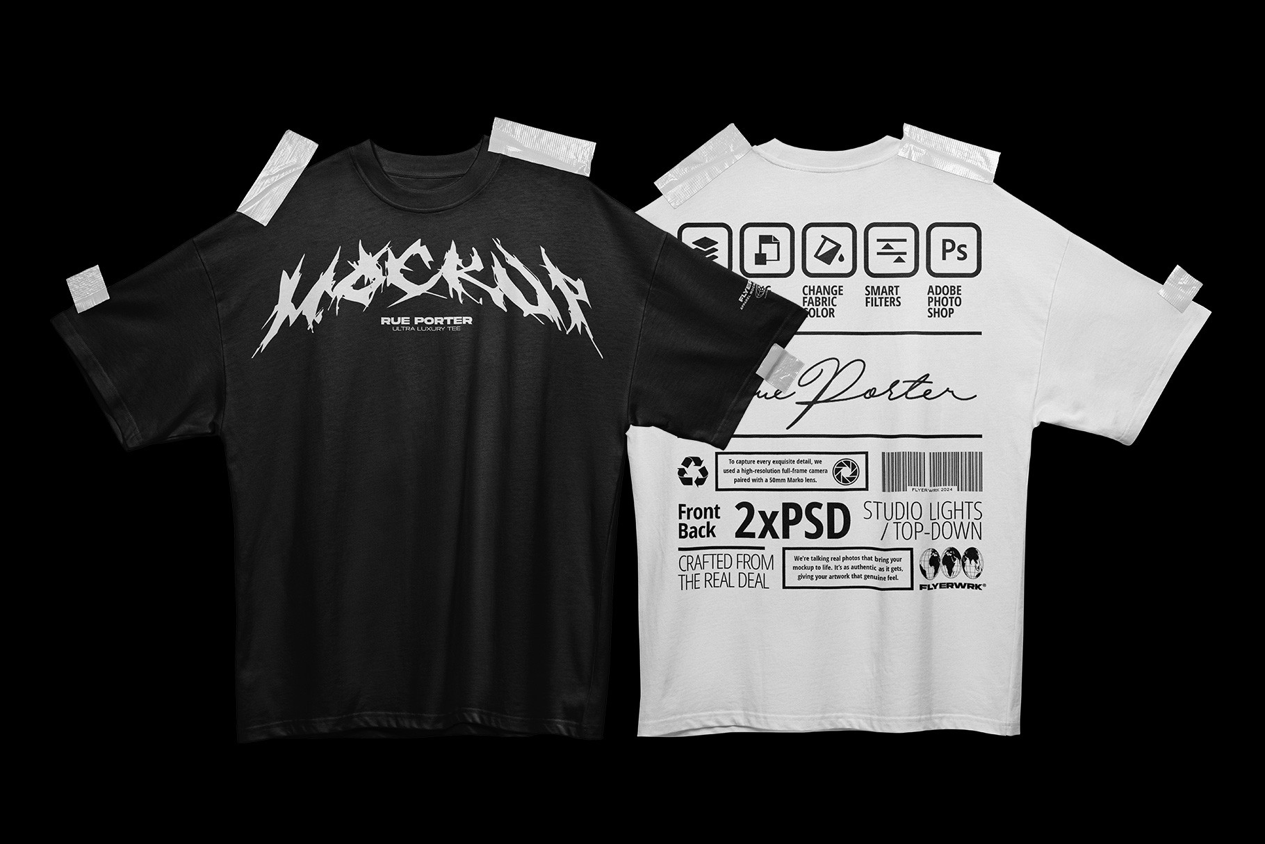 Rue Porter T-Shirt taped mockup showing front and back design preview