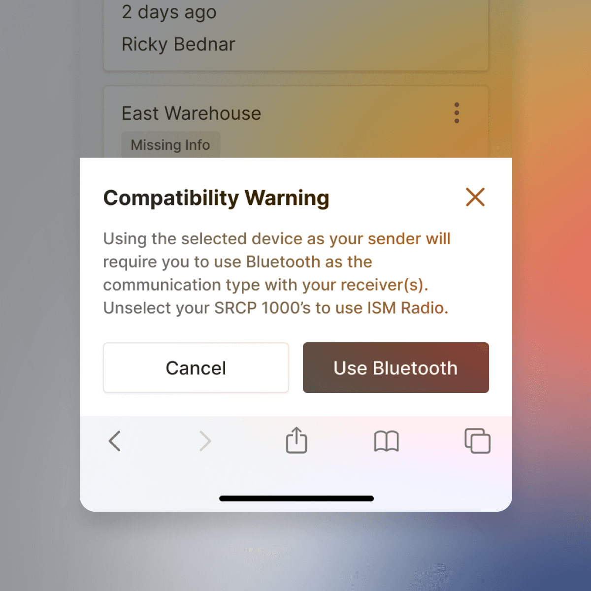 cropped view of a mobile interface showing a compatability warning prompt