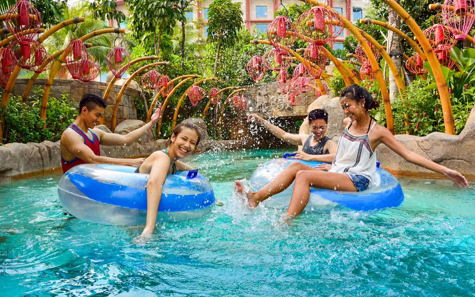 People enjoying the Lazy River at Adventure Cove waterpark.