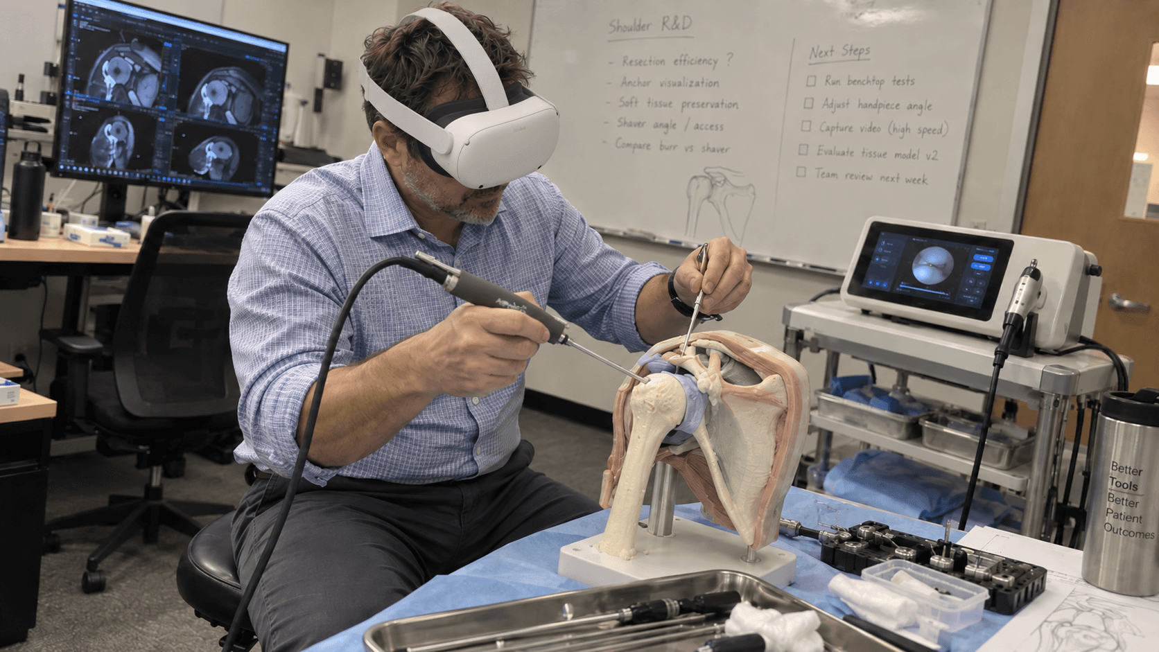The VR-based planning tool in use, headset view or a surgeon using it to plan a case