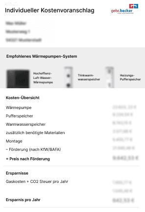 Musterangebot einer Wärmepumpe eines regionalen Fachbetriebs.
