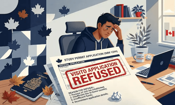 A flat-style illustration of a distressed international student sitting at a desk, looking down at a Canadian study permit application prominently stamped 'REFUSED' in red, alongside a Canadian passport and a laptop.