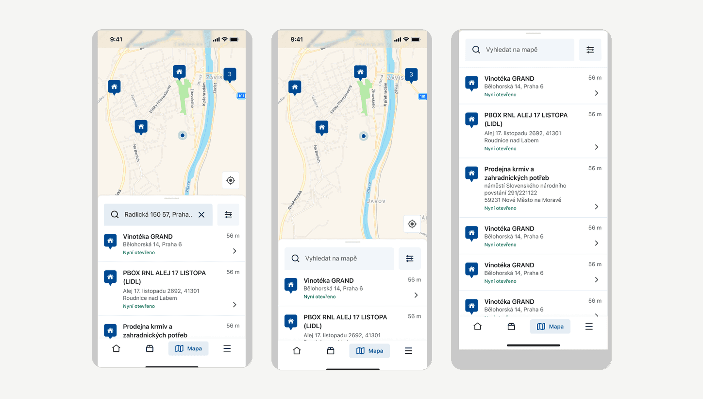 Mapa s hledáním a seznam výdejních míst s informací o vzdálenosti a otevírací době.