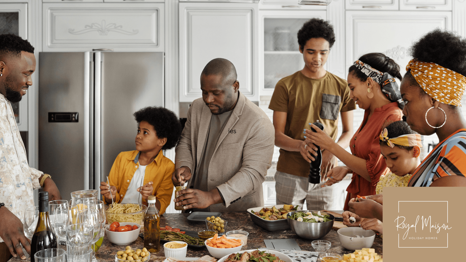 family cooking and eating together reunion