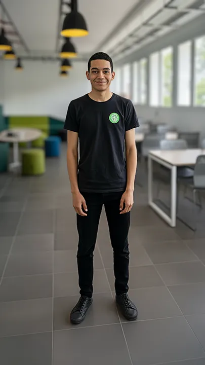 Portrait d'un étudiant de l'ICEA Martinique portant le t-shirt noir logoté de l'école dans une salle d'étude moderne, illustrant la vie étudiante et l'appartenance à cette école supérieure.