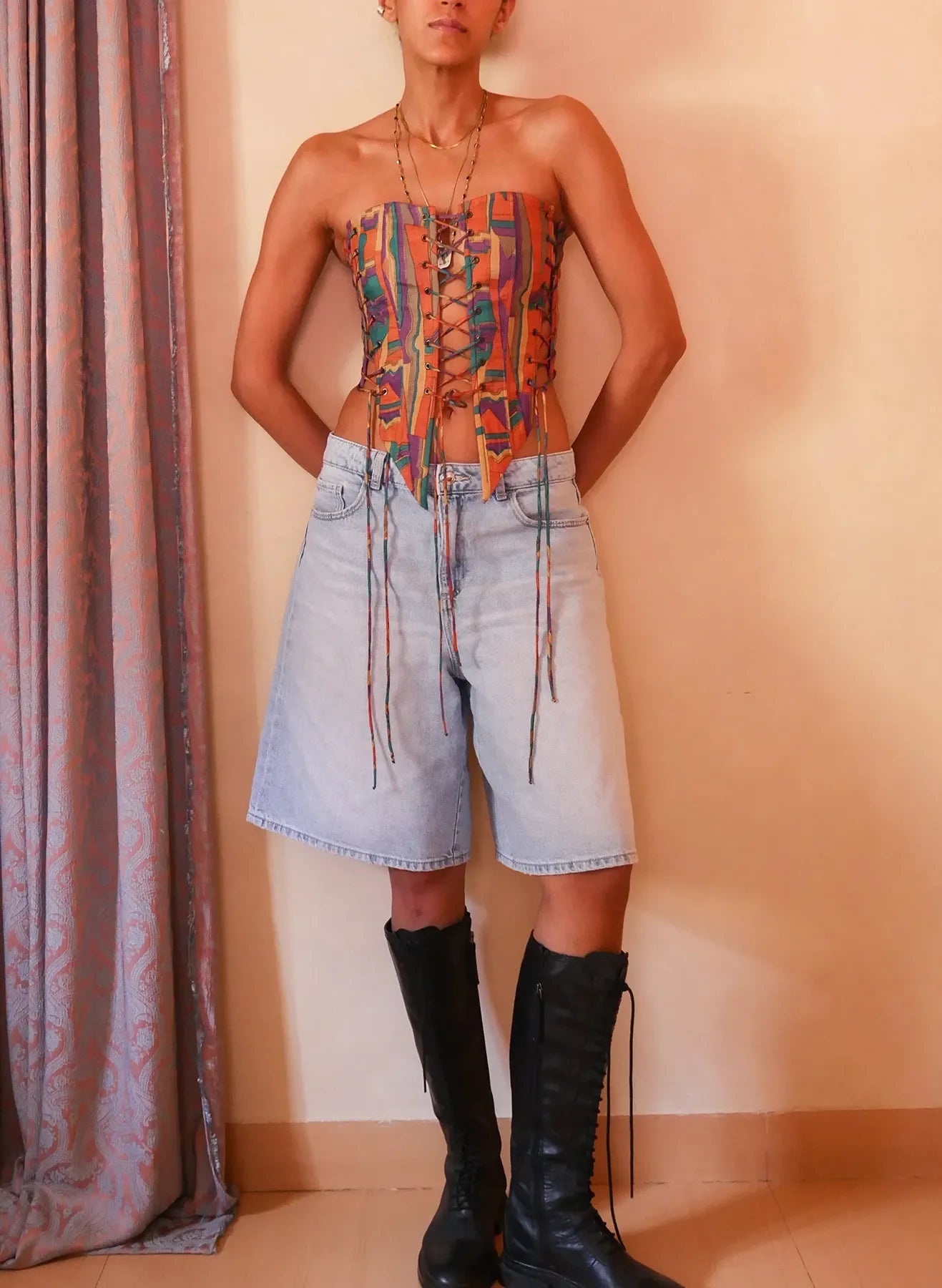 SAHIRA paisley silk corset handcrafted from vintage saree with lace-up panels, smocked back and metal zipper.