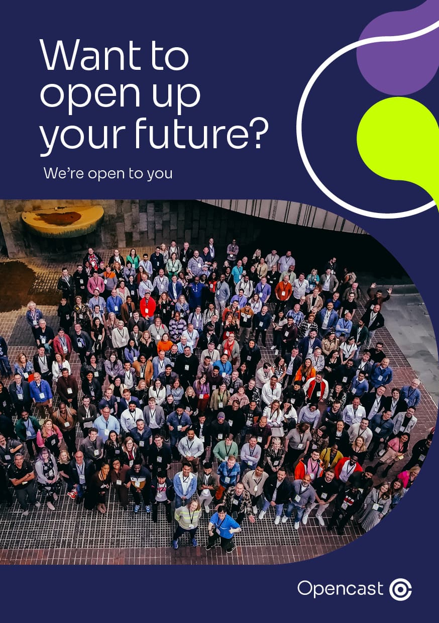 Large group of people standing together in an open indoor space, viewed from above, with the text “Want to open up your future? We’re open to you” and the Opencast logo displayed on the design.