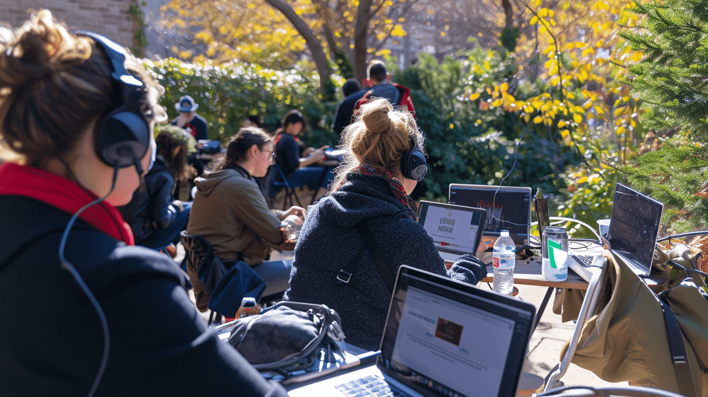 Individuals outdoors, each engaged with laptops, possibly participating in a communal tech or creative event.