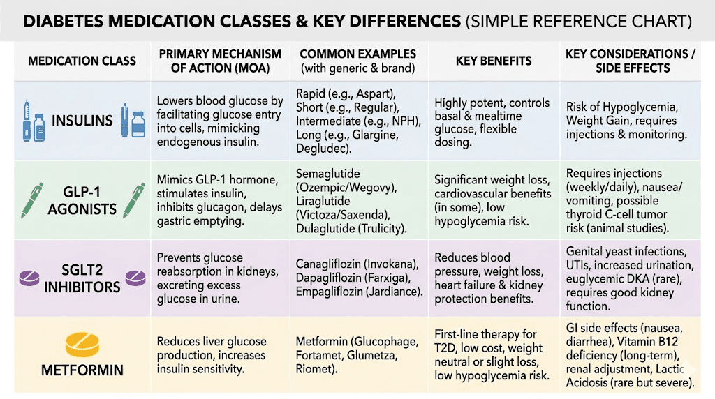 Diabetes medication classes comparison chart showing where Tresiba and GLP-1 medications fit