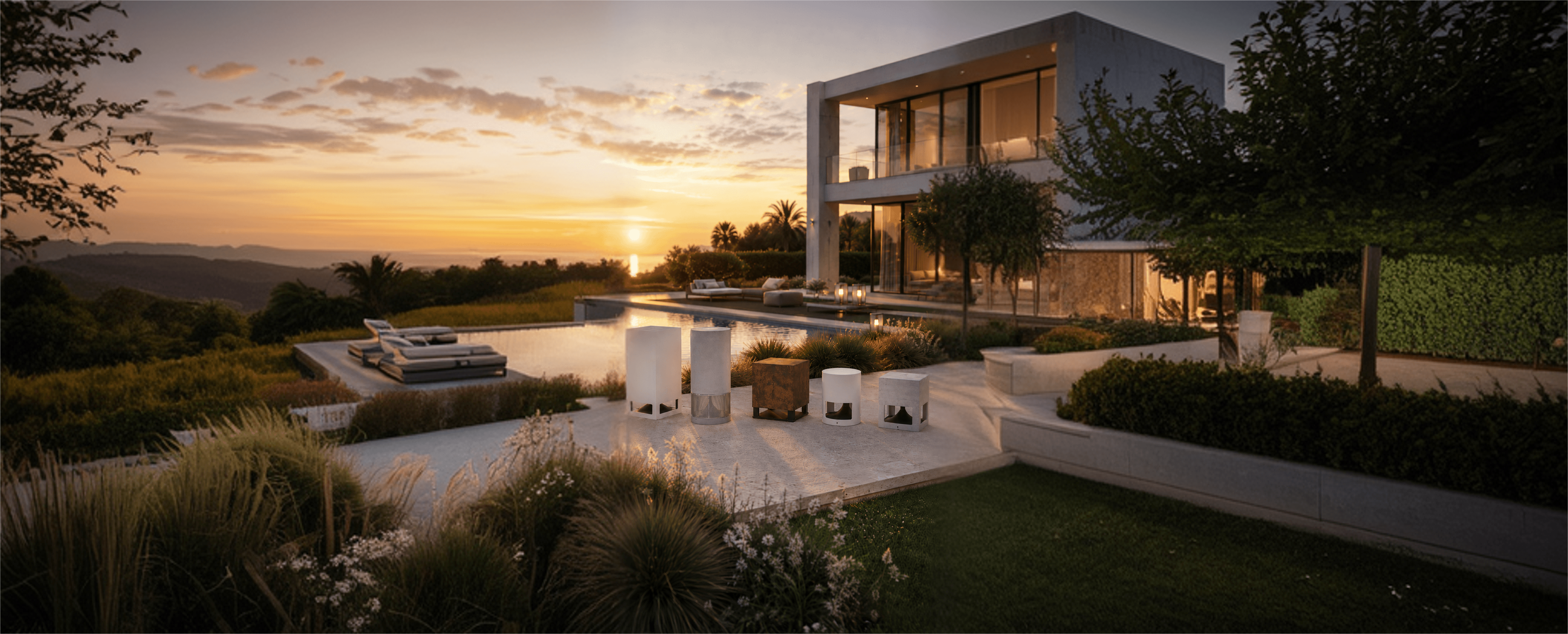 Modern house with pool overlooking sunset and mountains.