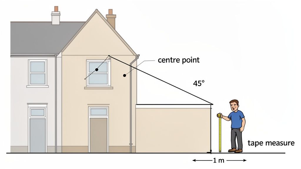 Diagram illustrating a 45-degree planning rule, with a person measuring 1m from a house wall.