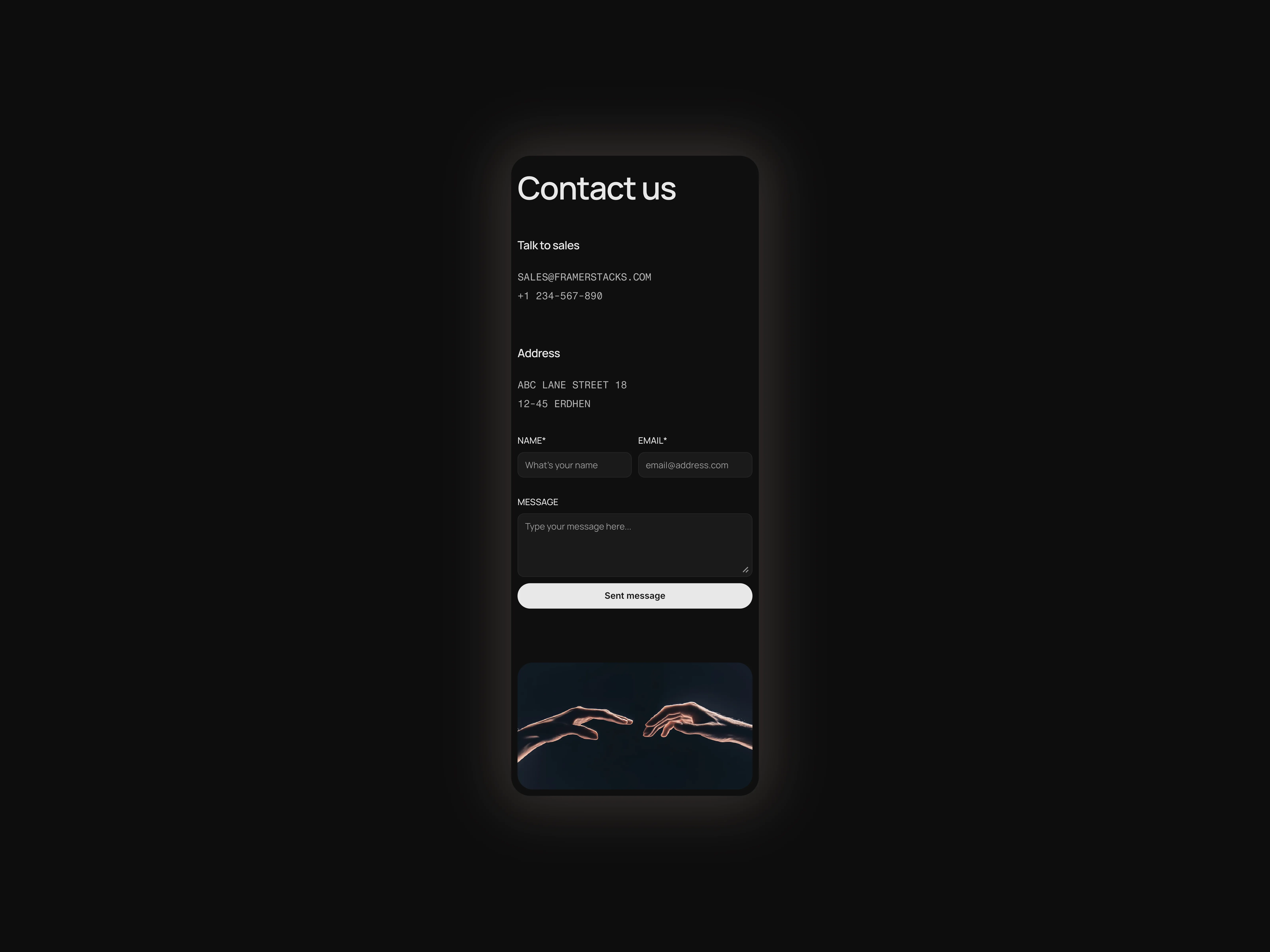 A minimal style dark themed contact us page section with various contact us methods. optimized for phone devices.