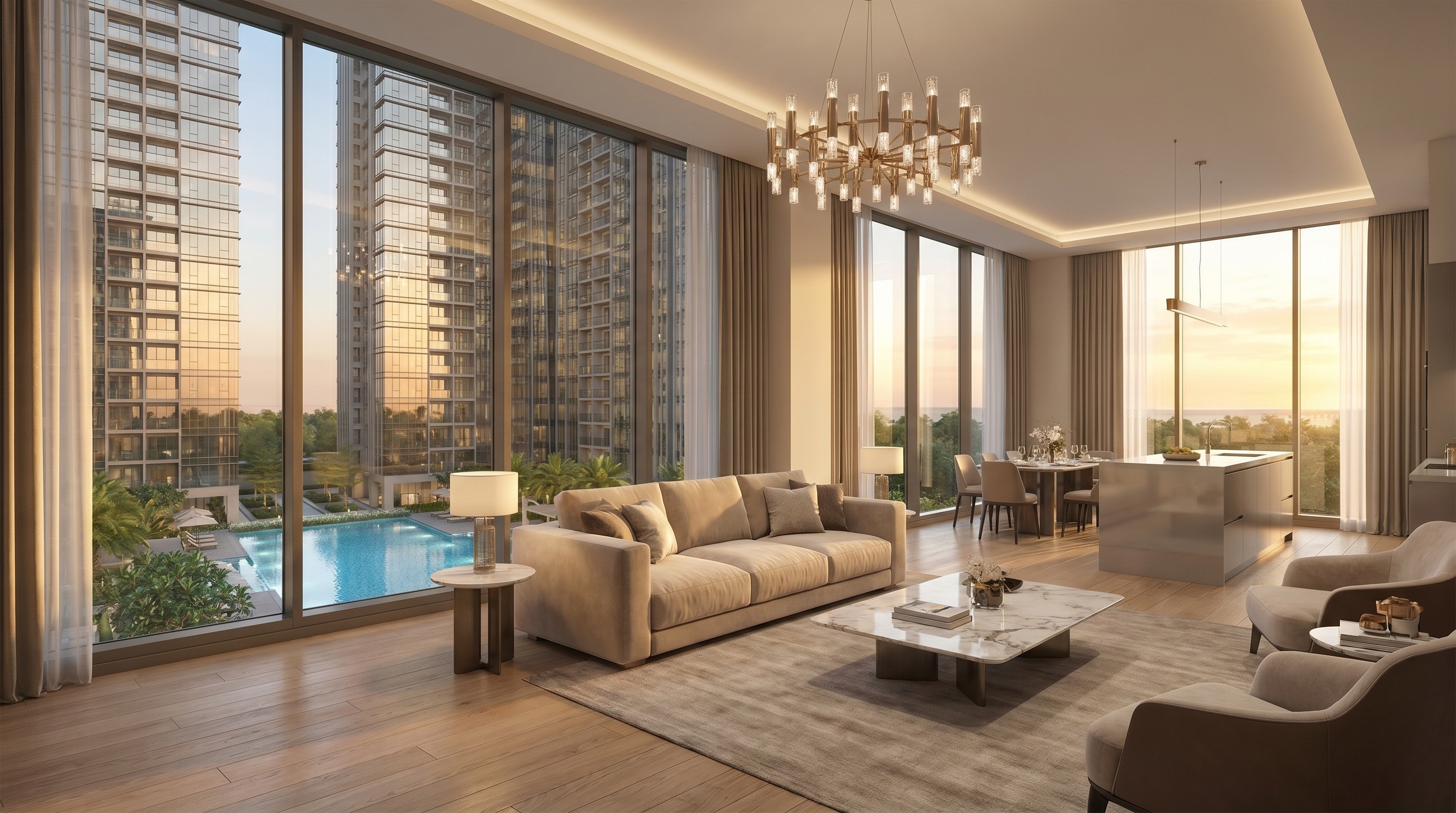 Modern living room with abstract art, beige sectional sofa, indoor plants, and large windows.