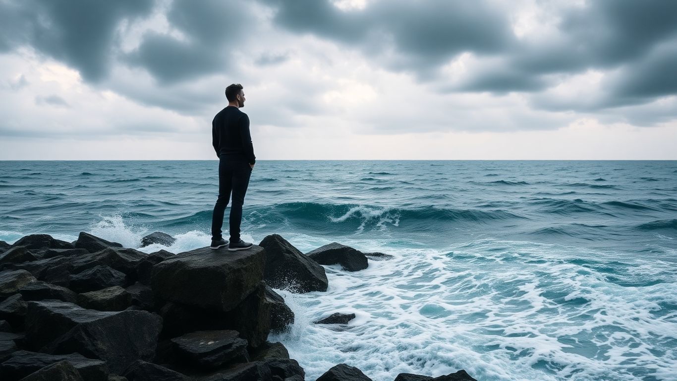 Person standing firm on rocks against stormy sea.