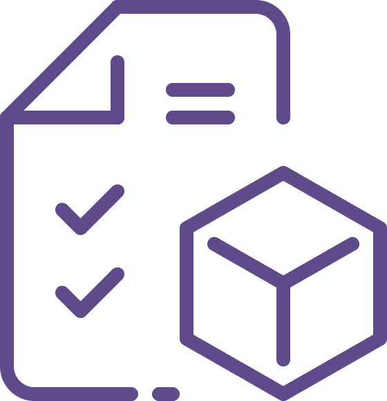 lila icon eines checkhefts mit einem würfel im vordergrund