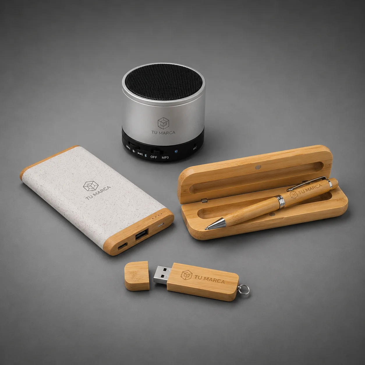 Kit de oficina corporativo personalizado con altavoz, power bank, USB y bolígrafos de madera