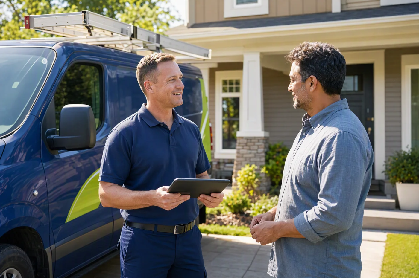 Local home-service operator speaking with a homeowner