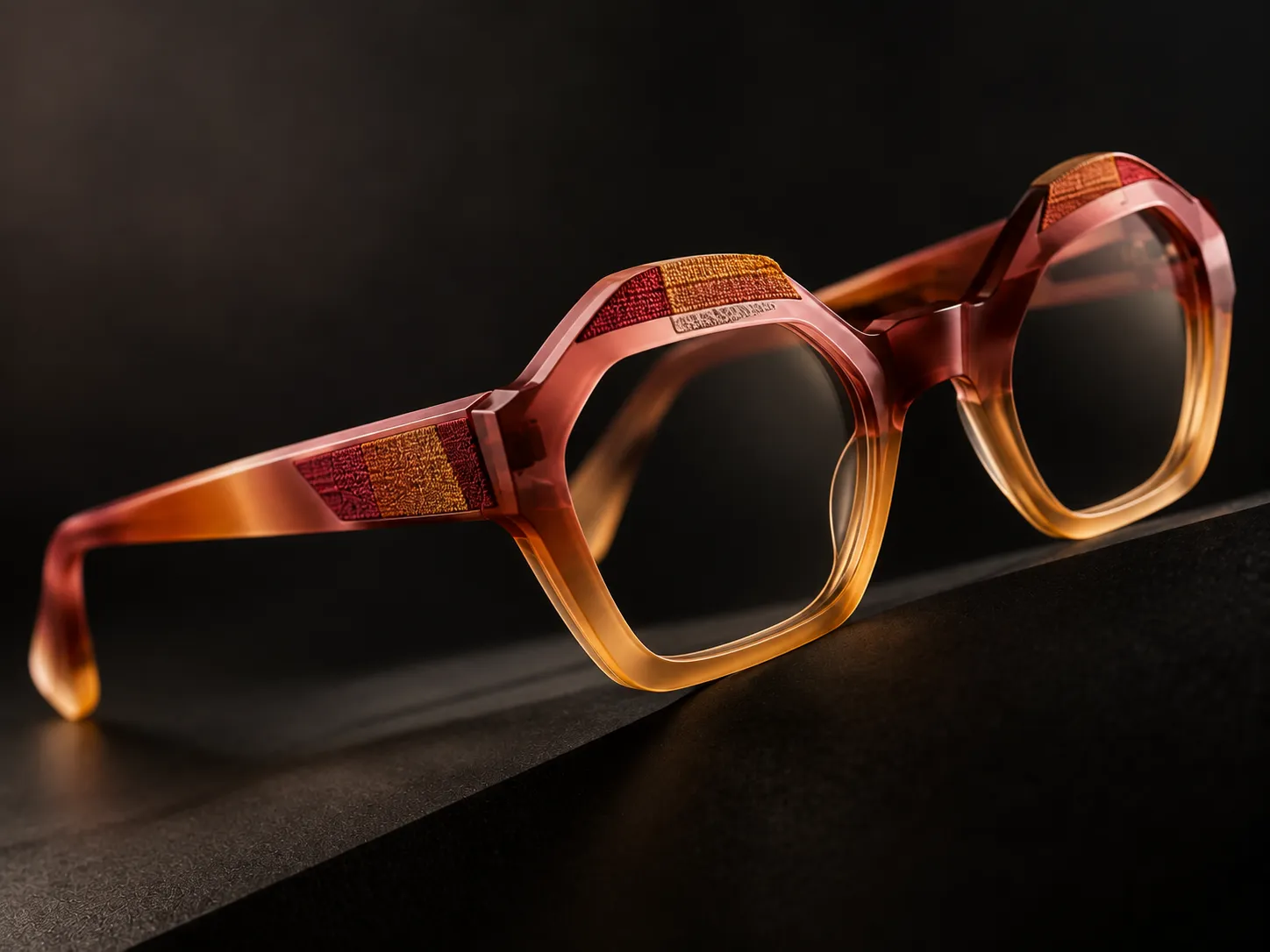 Occhiale IDIA in acetato dalle tonalità arancio, rosa e ambra con inserto in tessuto integrato nella montatura. L’immagine mostra una delle possibilità di personalizzazione degli occhiali artigianali su misura IDIA di Ottica Dentella ad Ancona, dove materiali, texture e dettagli vengono progettati insieme per creare un occhiale realmente personale.