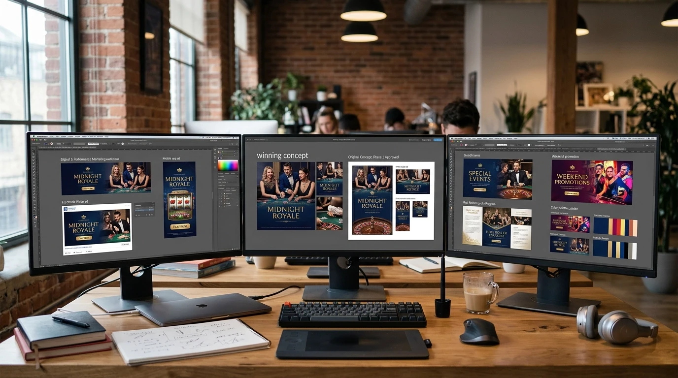 designer workstation displaying many unique ad concepts derived from one winning idea