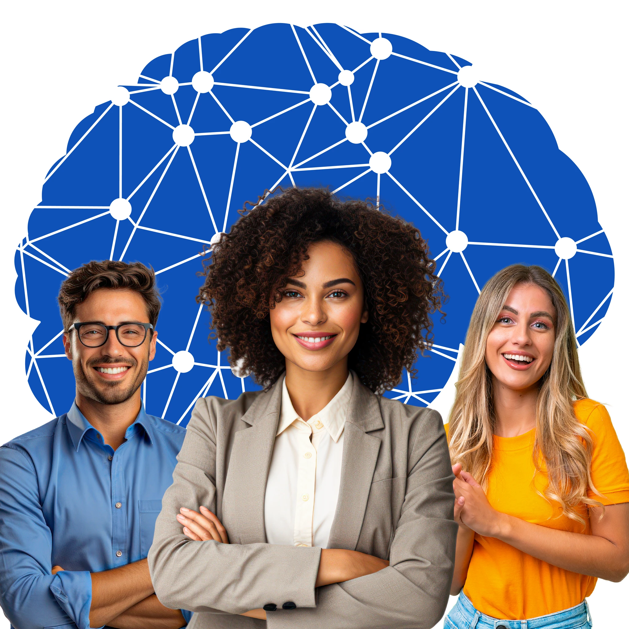 Three smiling professionals in front of a blue network graphic: a man in glasses, a woman in a suit, and a woman in an orange shirt.