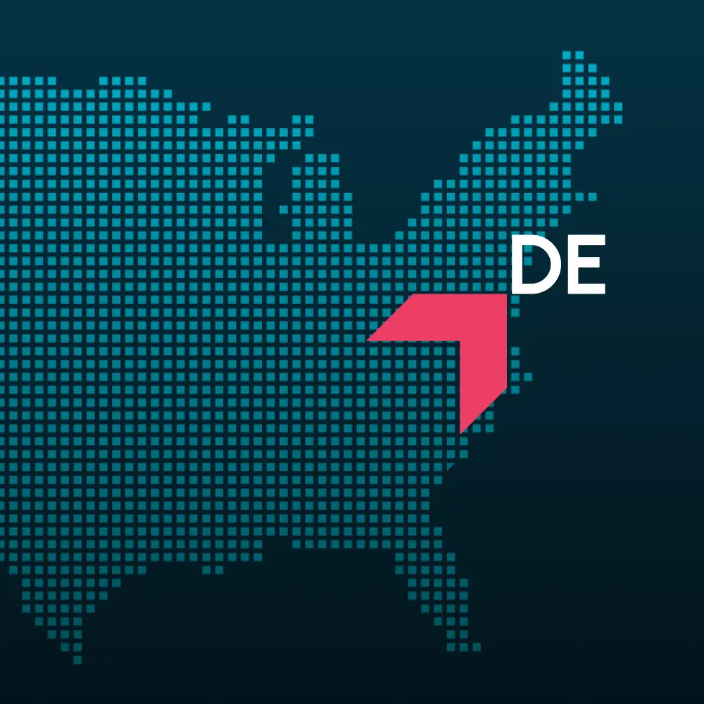 Map highlighting Delaware with a red arrow, representing GIA Group, LLC truck insurance coverage area.