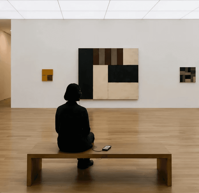 Person using the Hilti Art Foundation media guide on a smartphone to explore an artwork in the museum.