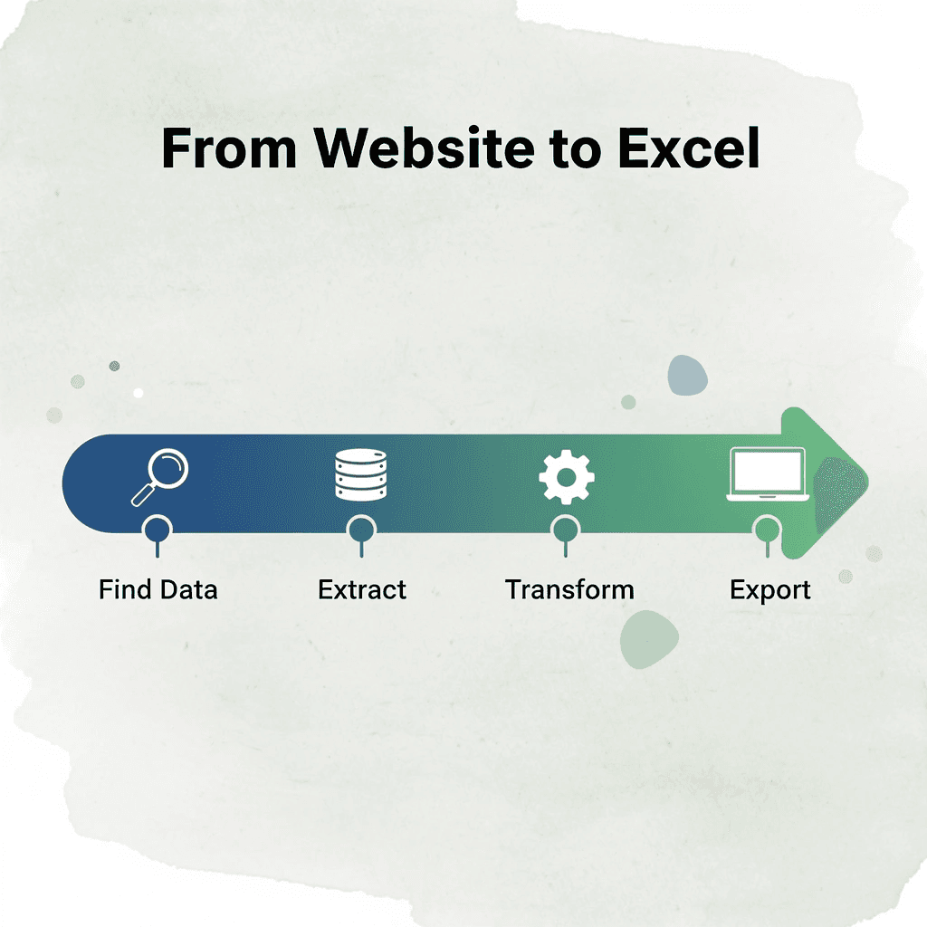 Arrow progression showing the four stages from finding website data to exporting it into Excel