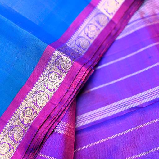 Peacock Blue and Pink manga border Kanchivaram Silk Saree