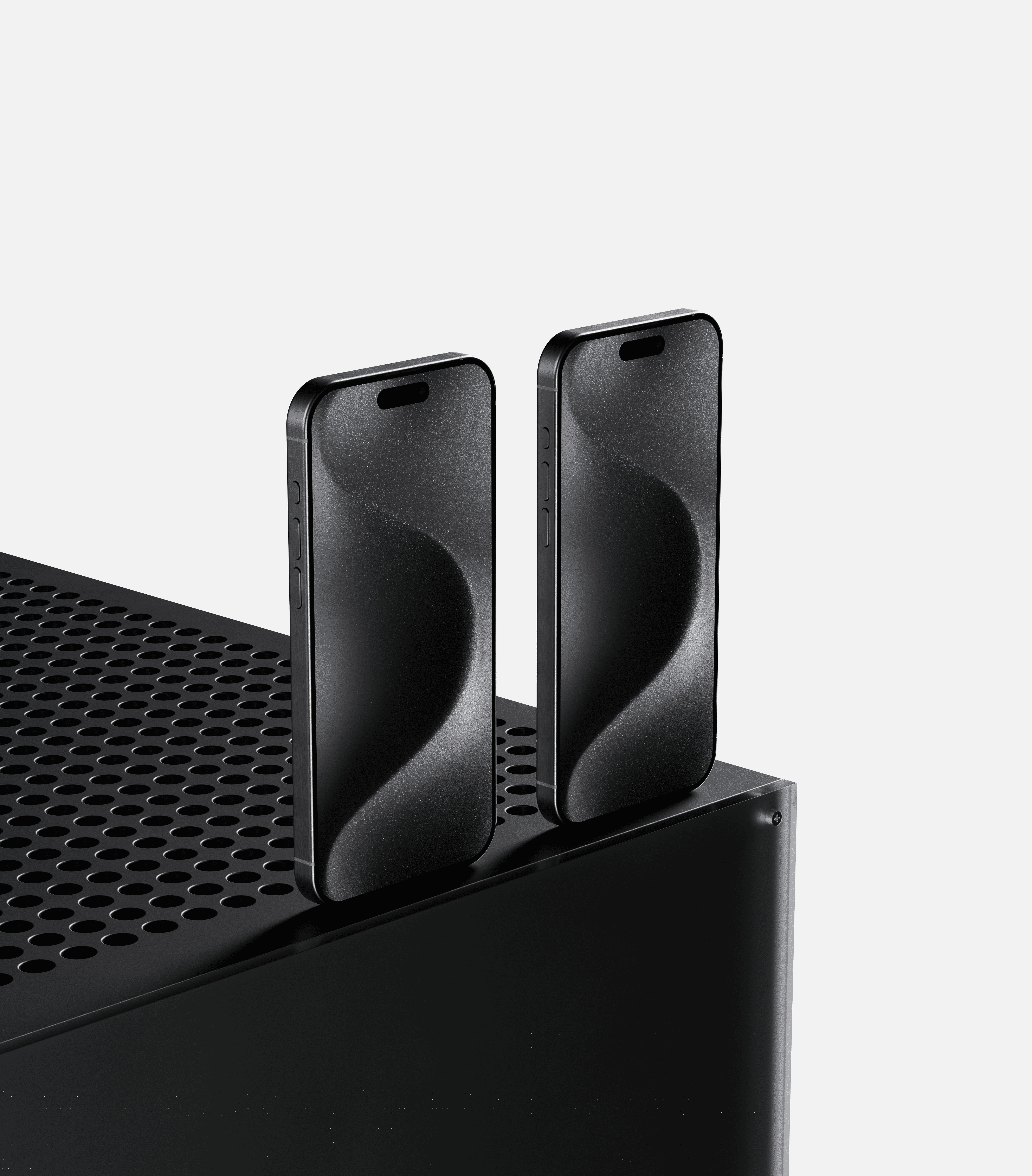 Cinematic shot of two iPhones standing upright