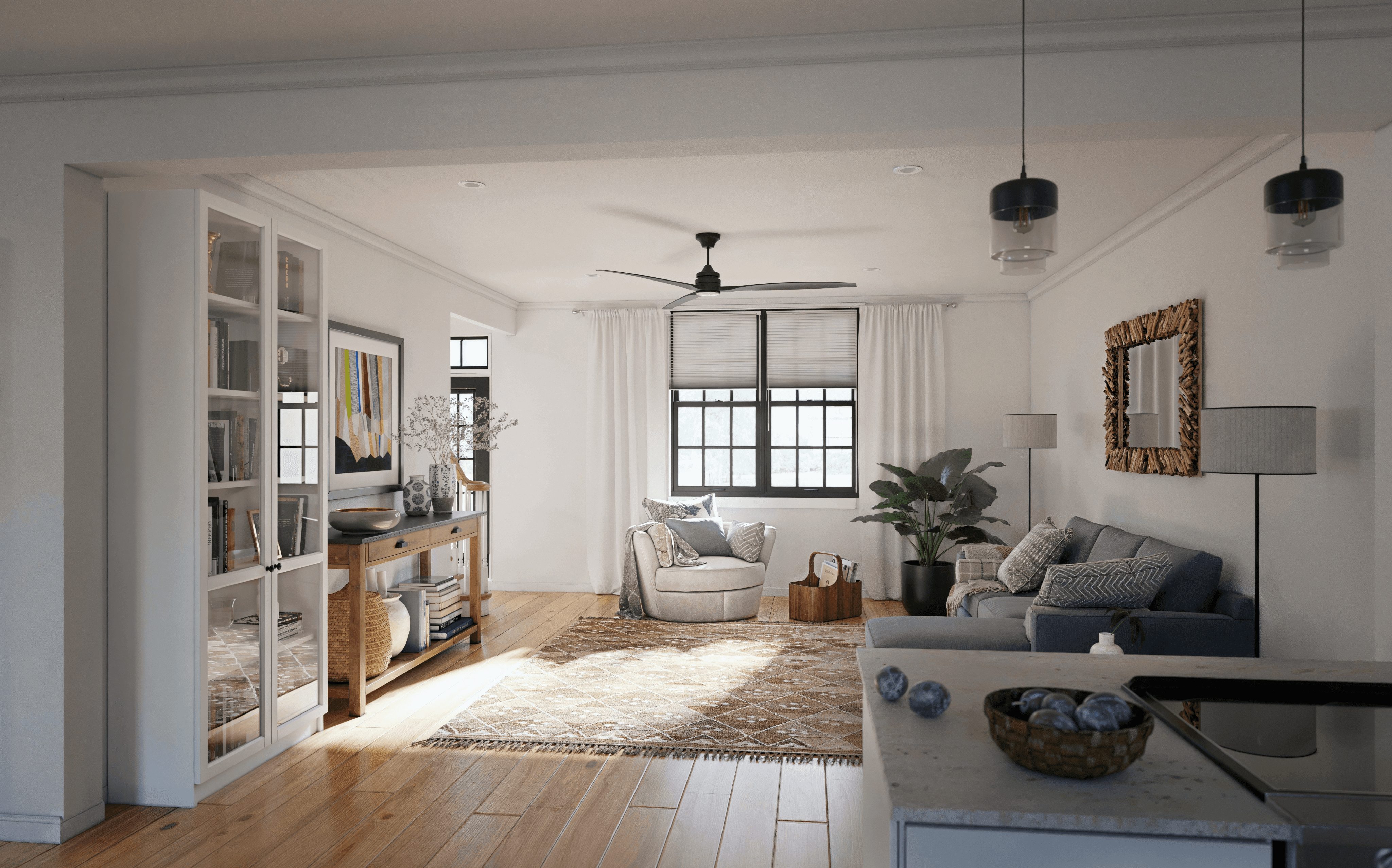 Minimalist pavilion with a perforated roof casting shadows on the white courtyard below.
