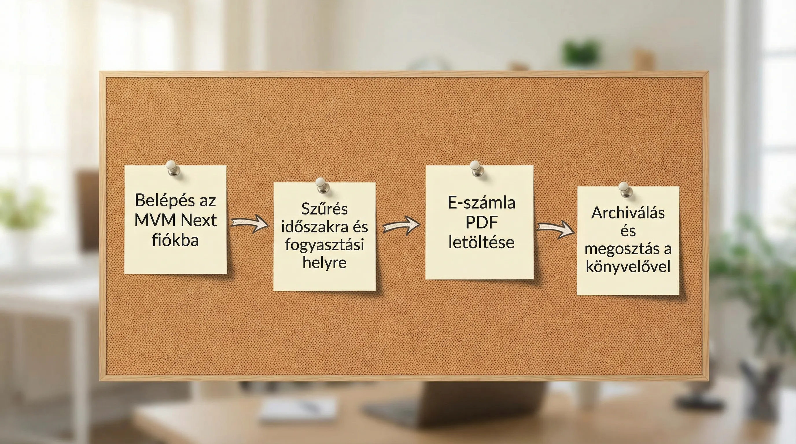Egyszerű folyamatábra 4 lépéssel: Belépés az MVM Next fiókba, Szűrés időszakra és fogyasztási helyre, E-számla PDF letöltése, Archiválás és megosztás a könyvelővel.