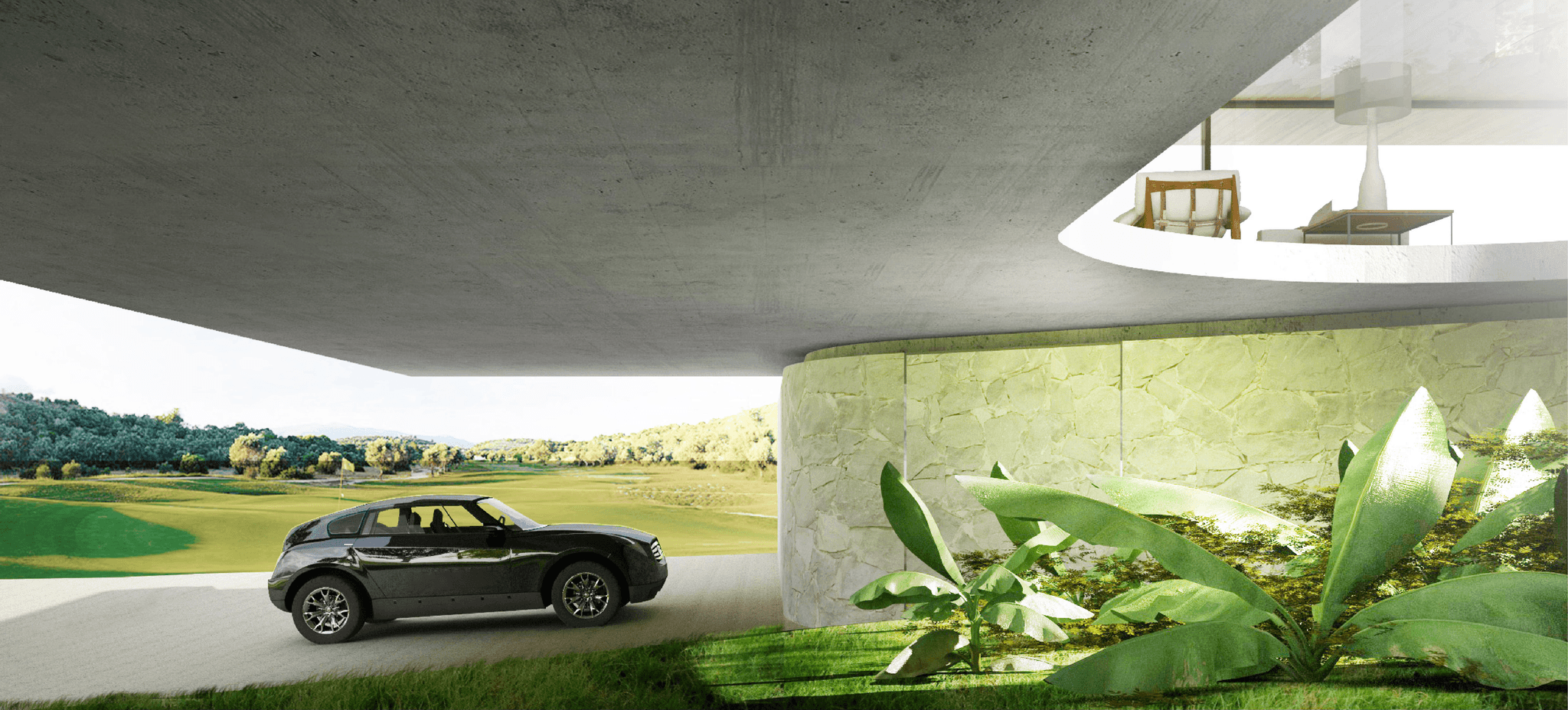 Floating House ground level: View of the large volumetric space beneath the main structure with a covered area and courtyard garden access.