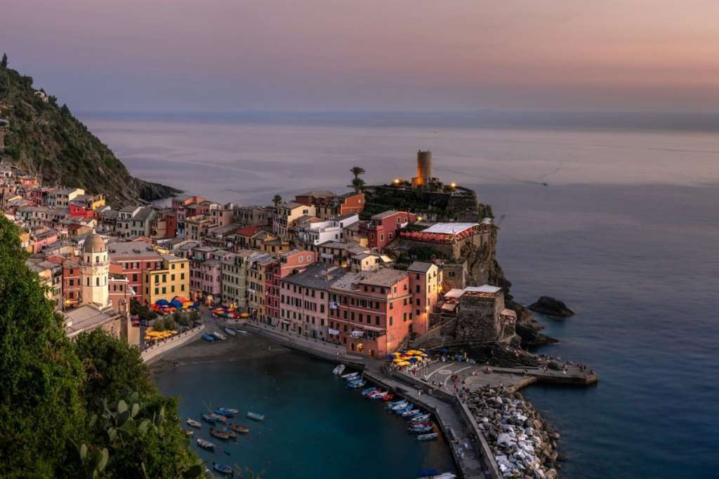 cinque terre town at sunset