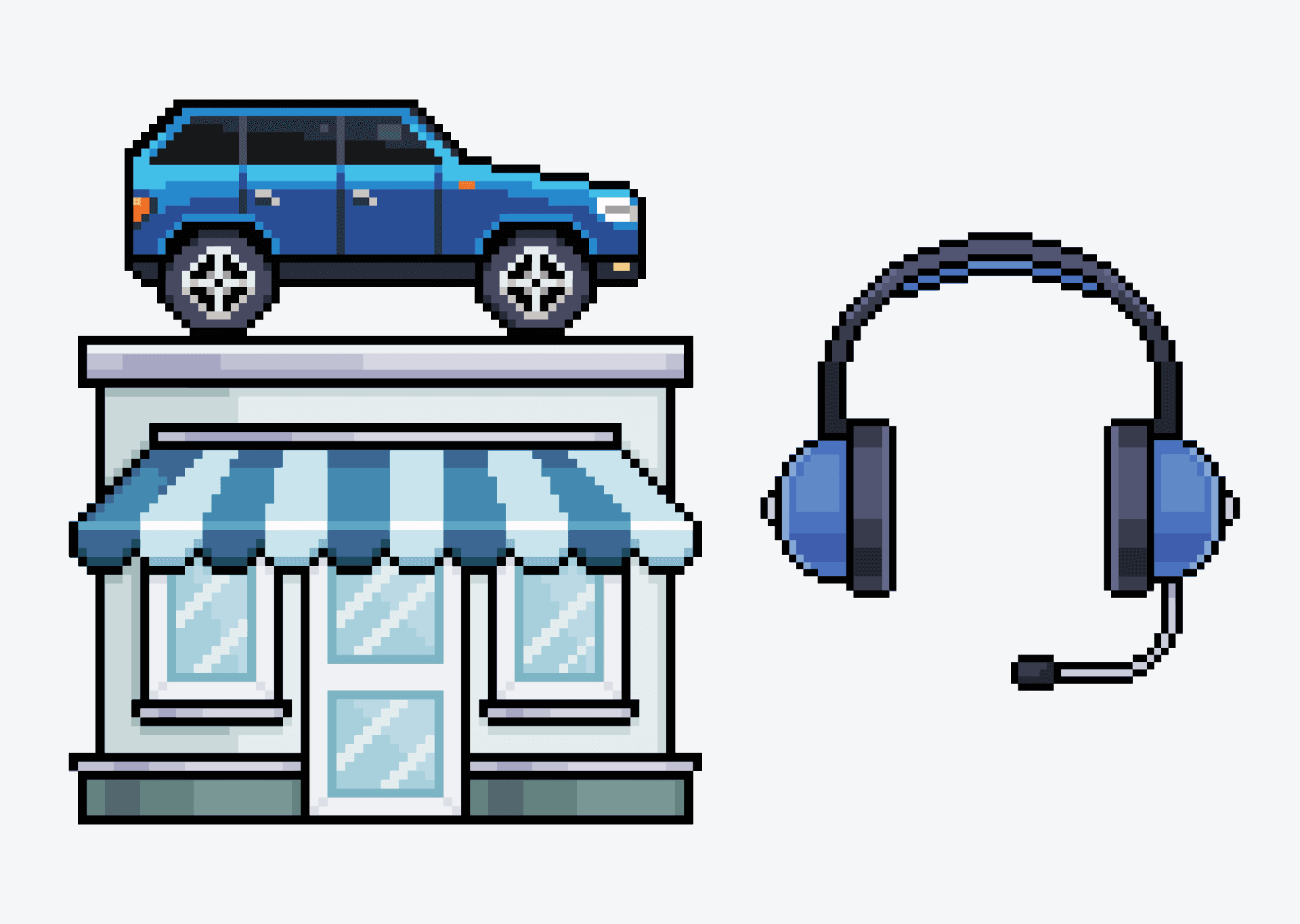 Pixel art of a blue SUV on top of a storefront with a blue-and-white striped awning, accompanied by a blue headset with a microphone.