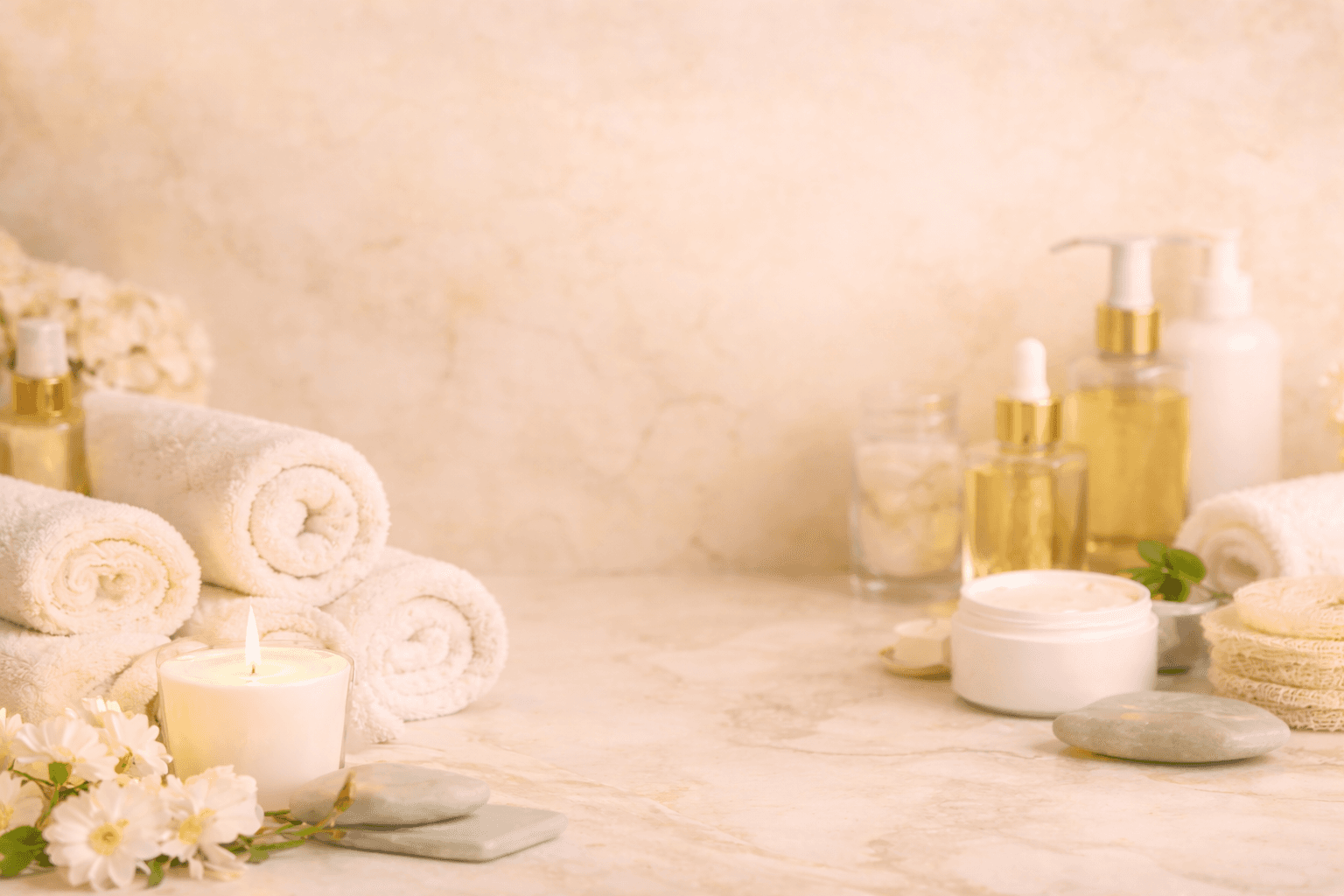 Luxury spa and skincare background with towels, candle, natural stones, and beauty products on a beige surface.