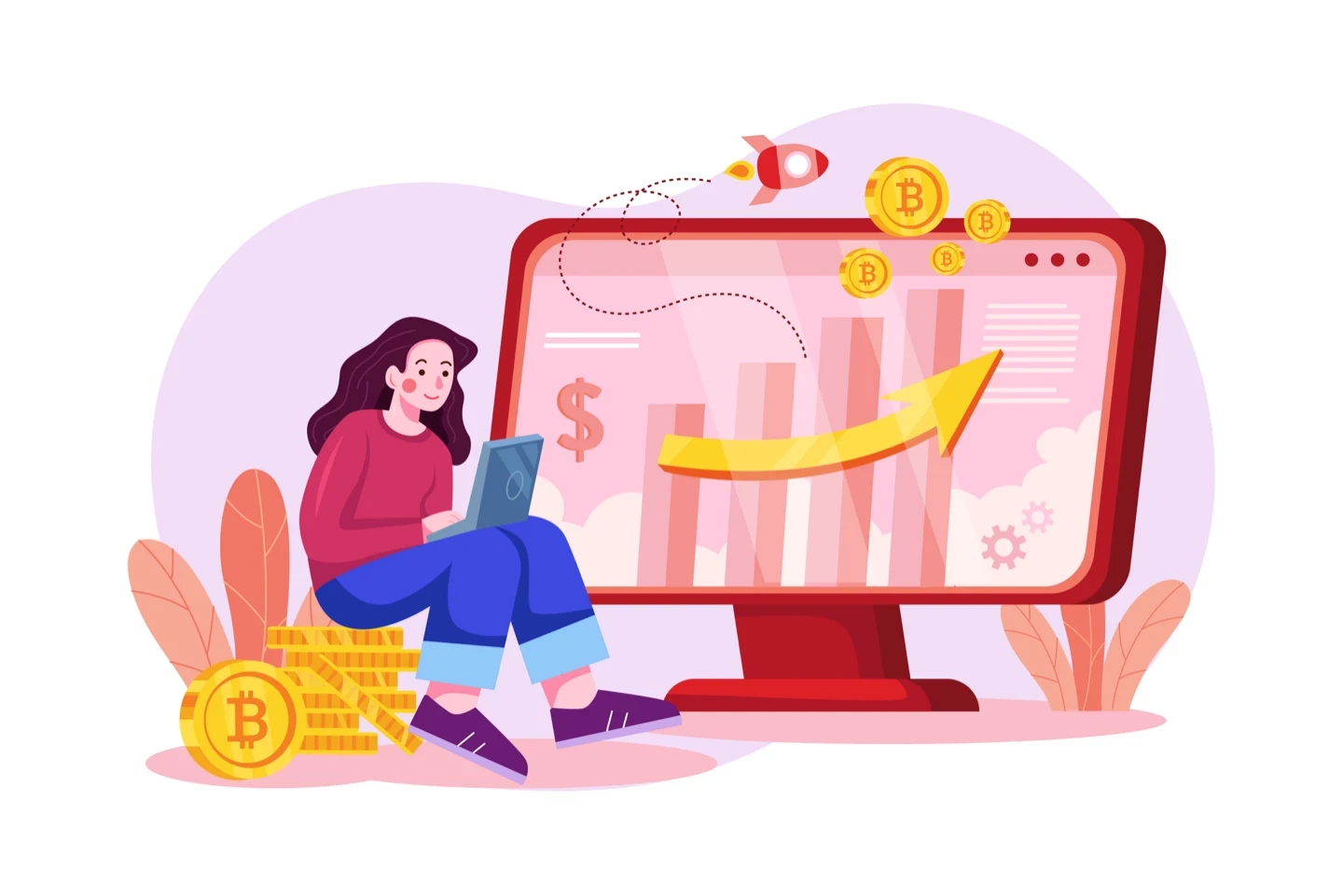 Ilustrasi pria berdiri di depan layar komputer besar dengan simbol dunia, melambangkan panduan memilih arsitektur website yang tepat untuk bisnis