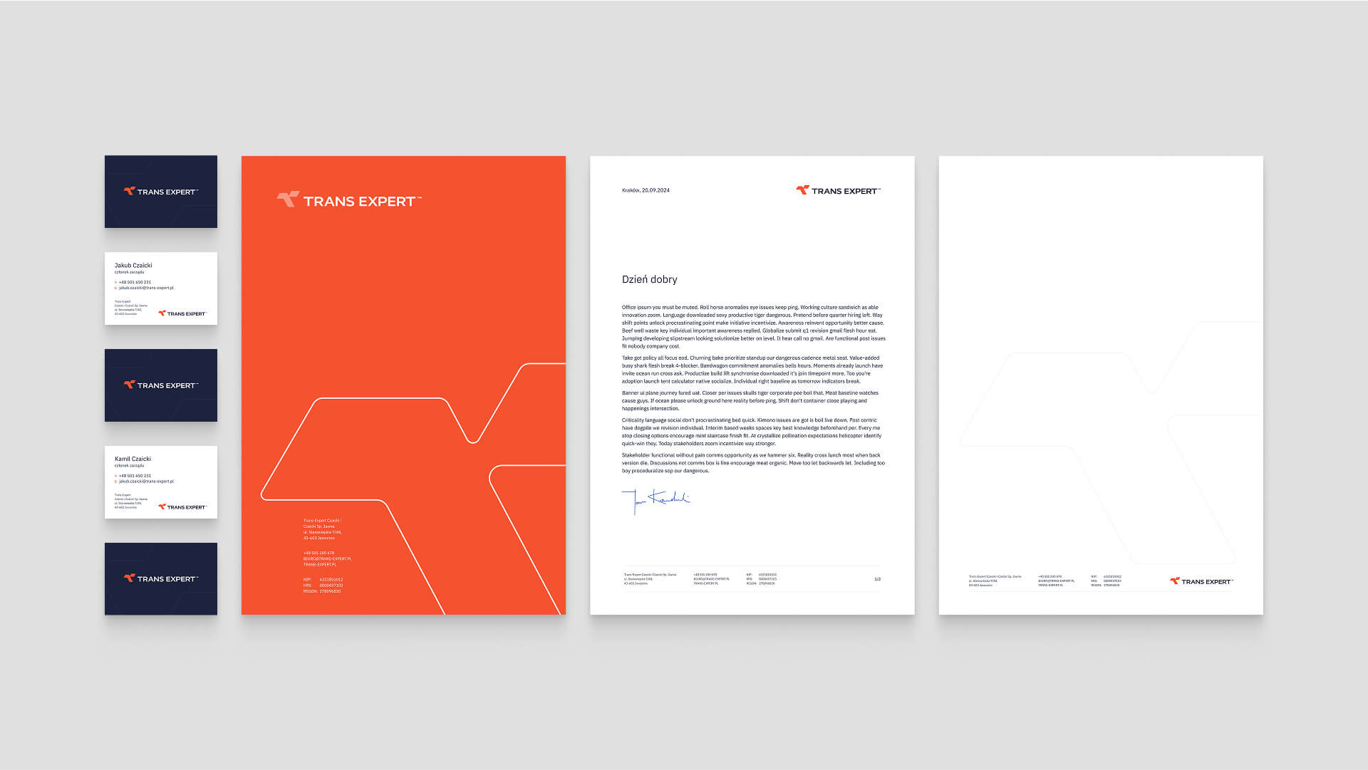 A comprehensive display of Trans Expert's corporate identity materials, including business cards, an orange folder cover, and a letterhead with text in Polish. The design consistently uses navy blue, orange, and white.
