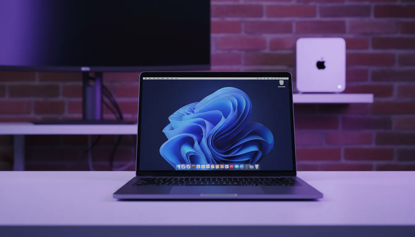 DSLR photograph of a midnight blue aluminum Apple MacBook Pro, centered on a clean white desk with sharp focus. The laptop screen is on, displaying the vibrant, abstract blue macOS wallpaper and user interface. The scene is illuminated by soft studio lighting with a prominent purple and blue ambient glow. The background has a shallow depth of field, revealing a softly blurred tech workstation with an external monitor, a silver Mac Studio on a white shelf, and a red brick wall.