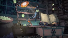 Screenshot Mio Memories in Orbit sur PC Steam, scène intérieure avec machines et documents, narration environnementale et univers science-fiction dessiné à la main