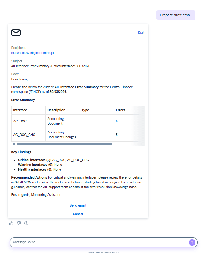 Email draft with Send / Cancel human-in-the-loop