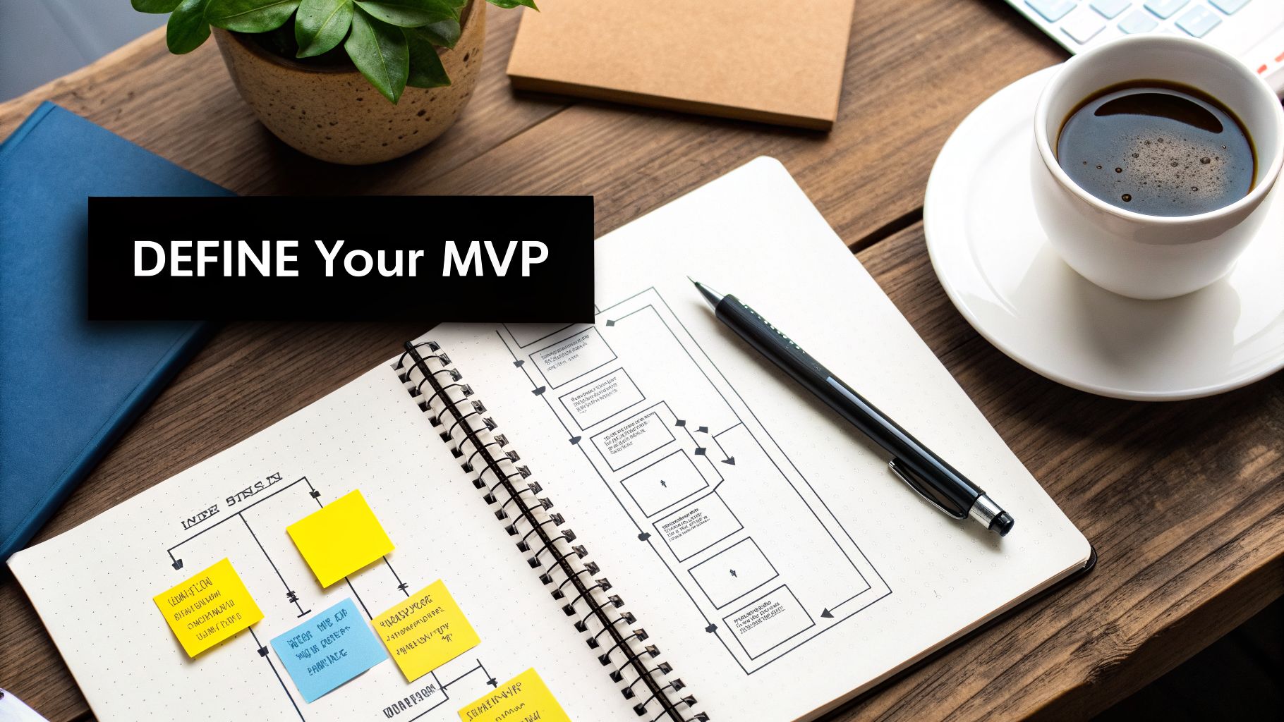 Desk view with notebook displaying a flow chart, pen, coffee, and 'DEFINE Your MVP' text.