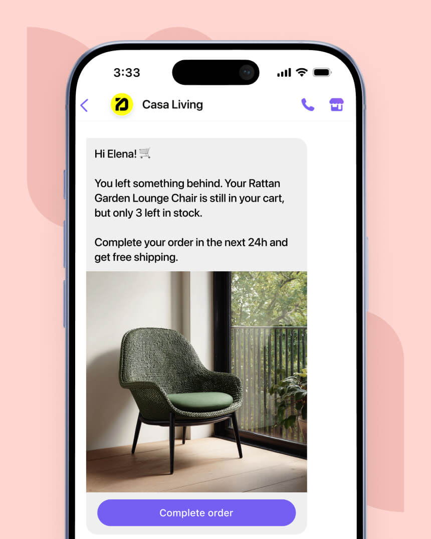 Viber messaging campaign showcasing a personalized message that aims to help a fashion e-commerce store recover abandoned carts.